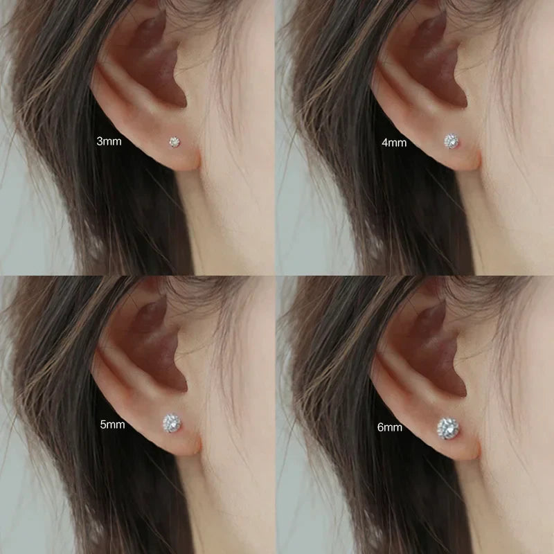 Collage of earrings on different ear sizes with labeled dimensions.