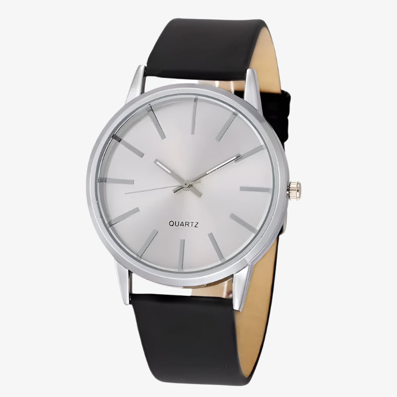 Quartz watch with black leather strap on a white background