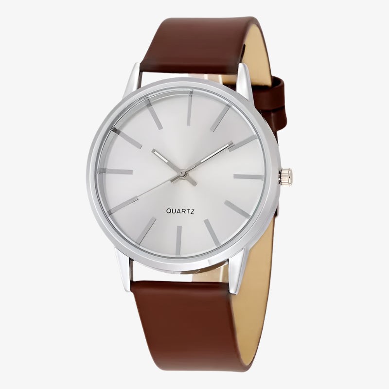 Wristwatch with brown leather strap and silver case on white background